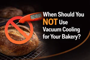 When should you NOT use vacuum cooling for your bakery, showing bread on a rack with a thermometer at 40°C and a red no symbol.
