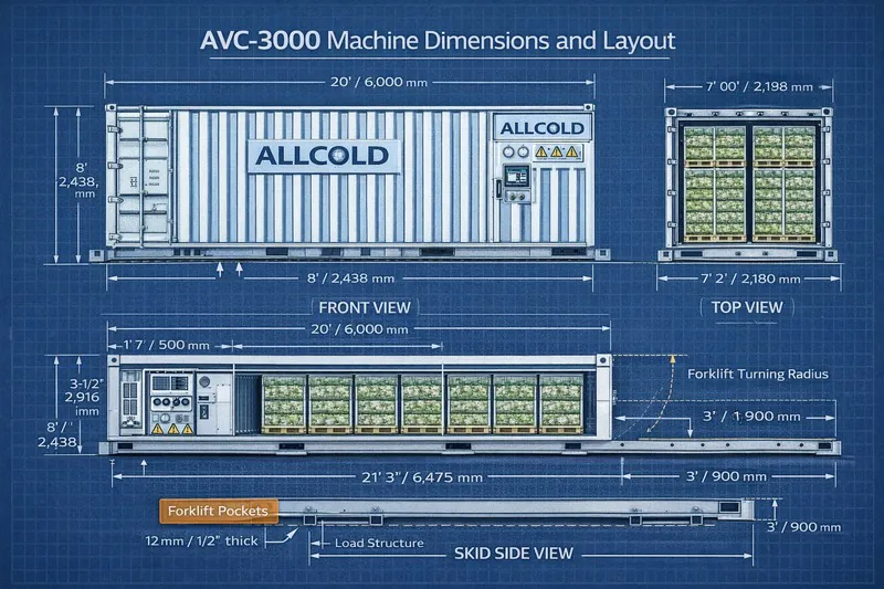 Blueprint layout of an AVC-3000 unit showing dimensions and skid design