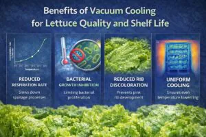 Benefits of vacuum cooling for lettuce quality and shelf life infographic showing four advantages: reduced respiration rate, inhibited bacterial growth at low temperatures, reduced pink rib discoloration, and uniform cooling verified by thermal imaging