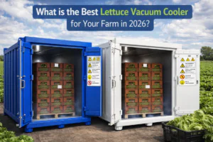 Allcold vacuum cooler rapidly cooling fresh lettuce pallets inside modern carbon steel vacuum cooling chamber on farm in 2026