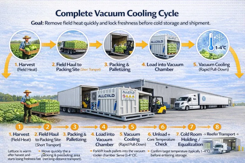 Diagram showing the complete vacuum cooling cycle from harvest field to cold storage