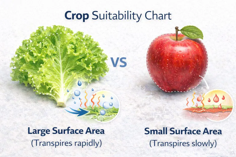 Diagram showing surface area differences between a lettuce leaf and an apple