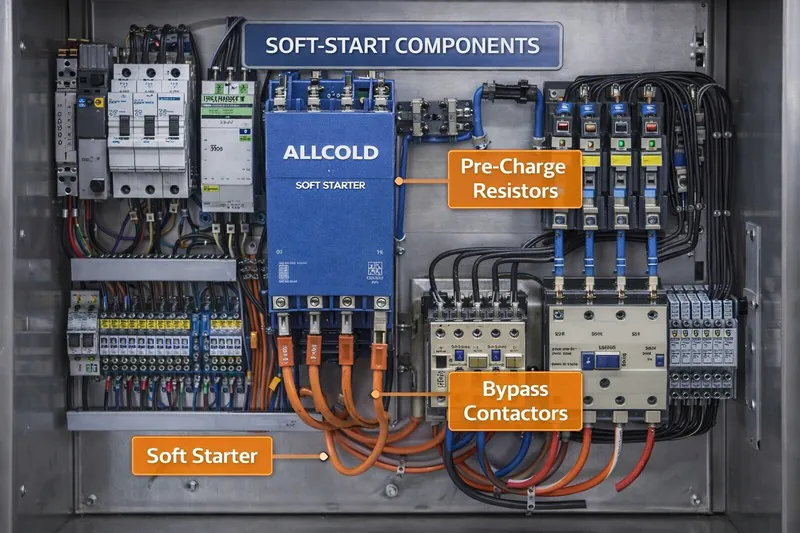 Image of the electrical control panel showing soft-start components