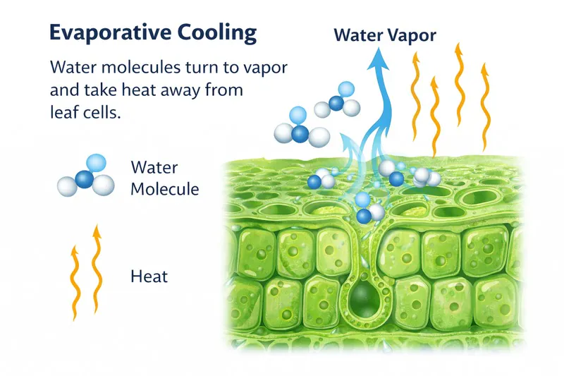 Diagram showing water molecules turning to vapor and taking heat away from leaf cells