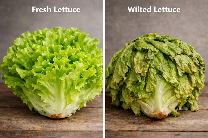 Comparison of fresh crisp lettuce vs wilted lettuce side by side