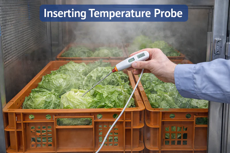 operator inserting a temperature probe into a head of lettuce inside the chamber