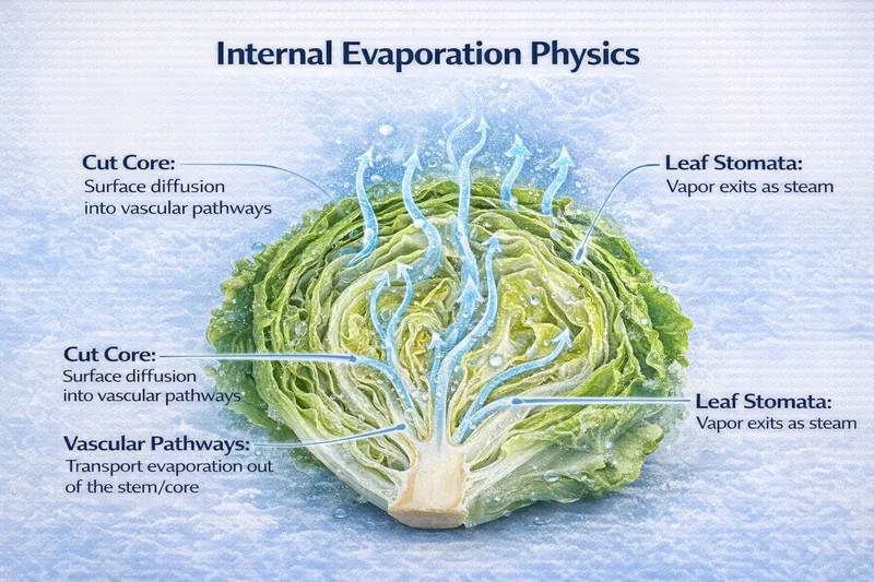 Cross-section illustration of a lettuce head showing internal evaporation paths