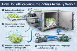 Industrial lettuce vacuum cooler diagram showing vacuum chamber, pressure reduction, water evaporation, and rapid temperature drop process used in commercial farm vacuum cooling systems