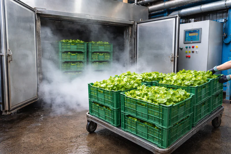 fresh green lettuce in crates moving into a vacuum cooler