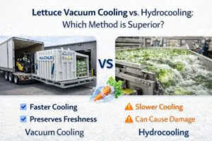 Lettuce vacuum cooling vs hydrocooling infographic comparing methods: vacuum cooler provides faster cooling and preserves freshness, while hydrocooling uses cold water and may cool slower and risk product damage.