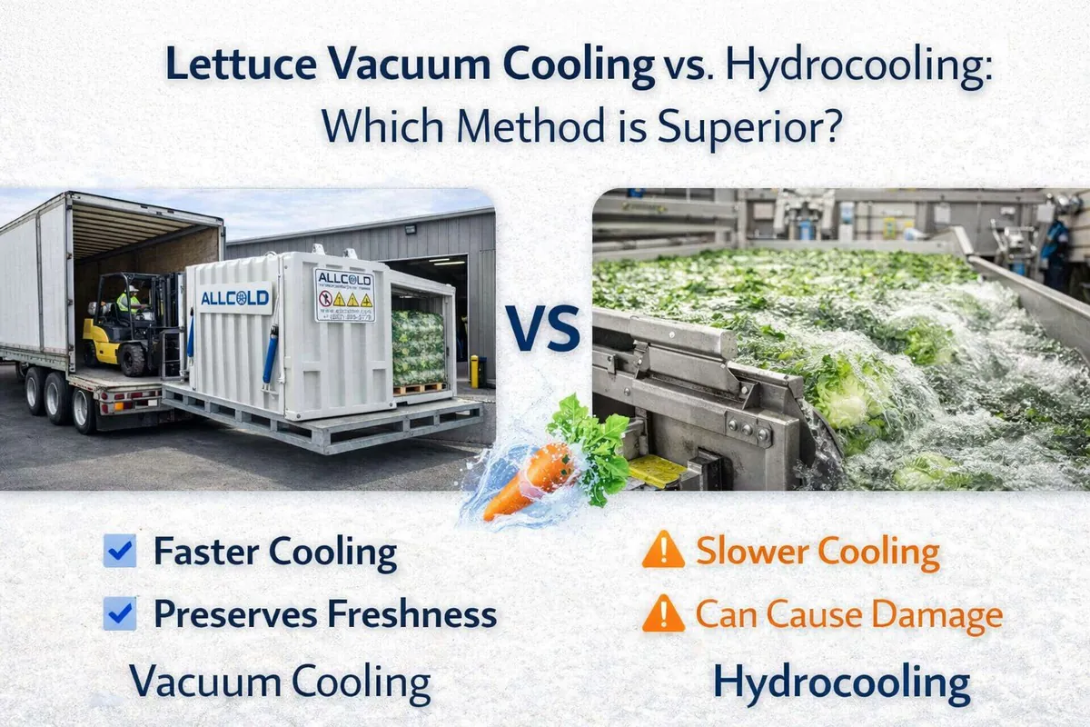Lettuce vacuum cooling vs hydrocooling infographic comparing methods: vacuum cooler provides faster cooling and preserves freshness, while hydrocooling uses cold water and may cool slower and risk product damage.