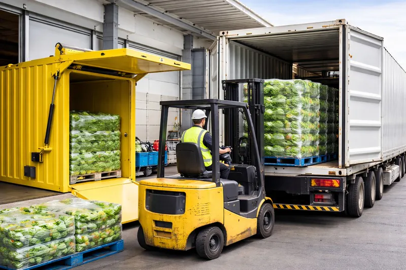 Reefer container being loaded with vacuum cooled pallets