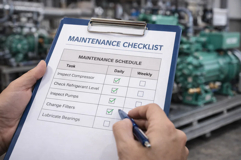 maintenance checklist on a clipboard with industrial background