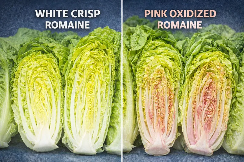 Side-by-side photo of white crisp Romaine vs pink oxidized Romaine