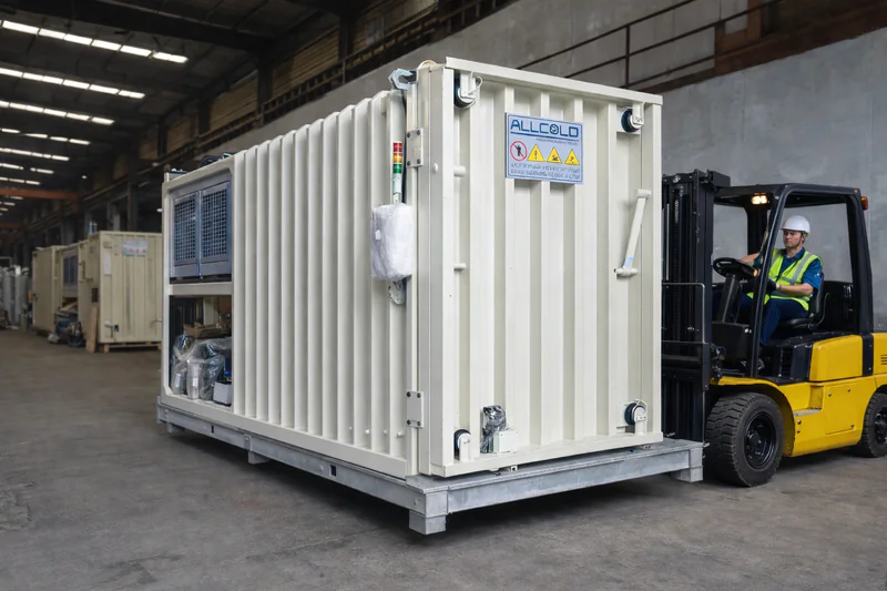 forklift moving a skid mounted vacuum cooler unit