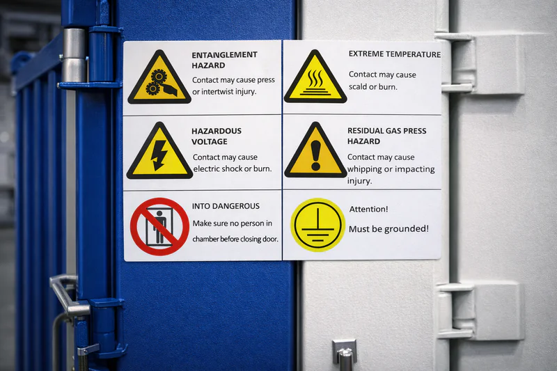 safety pictogram stickers on a machine door