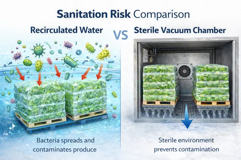 Illustration of bacteria spreading in recirculated water vs sterile vacuum chamber