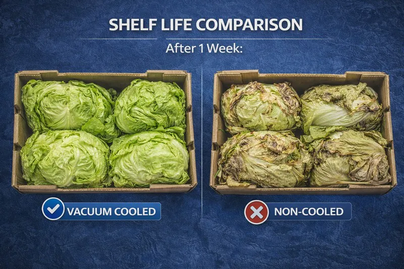 Comparison image of vacuum cooled lettuce vs non-cooled lettuce after 1 week