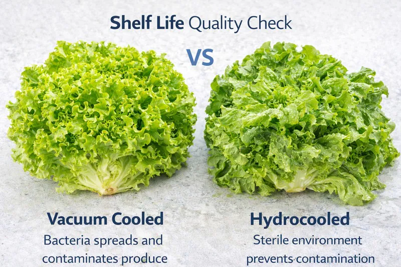 Photo of dry, crisp vacuum cooled lettuce vs soggy hydrocooled lettuce