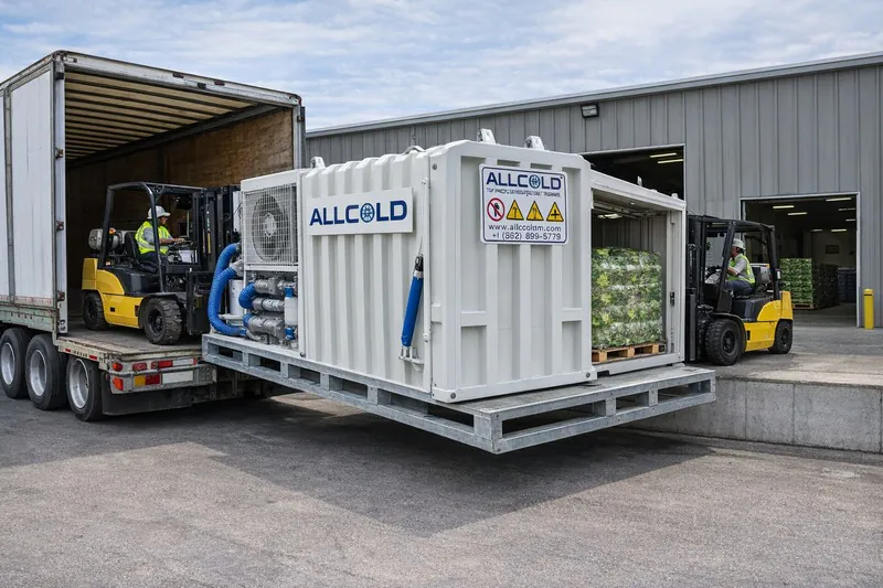 Image of a skid-mounted Allcold vacuum cooler being unloaded from a truck