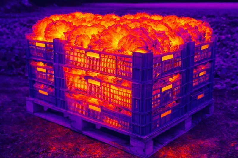 Thermal camera image showing heat radiating from a freshly harvested lettuce pallet