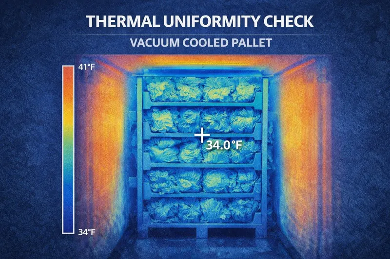 Thermal camera image showing uniform cold distribution in a vacuum cooled pallet