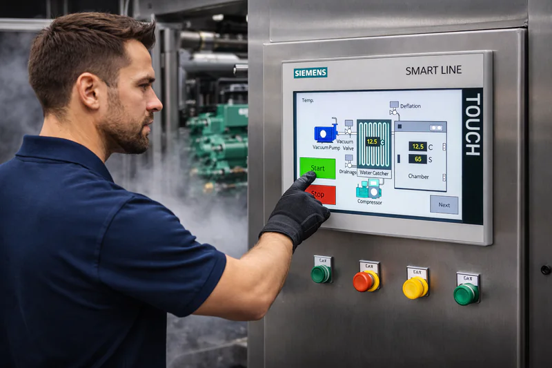 operator using a touchscreen panel on industrial machinery