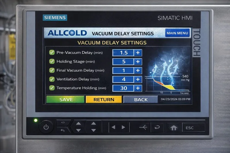 Close-up of the Siemens Touch Screen showing the vacuum delay settings