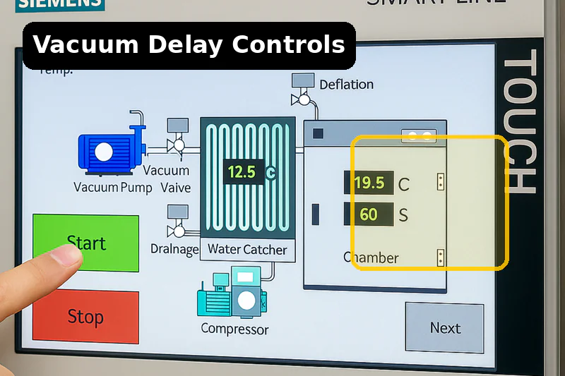 close up of Siemens touch screen showing vacuum delay settings