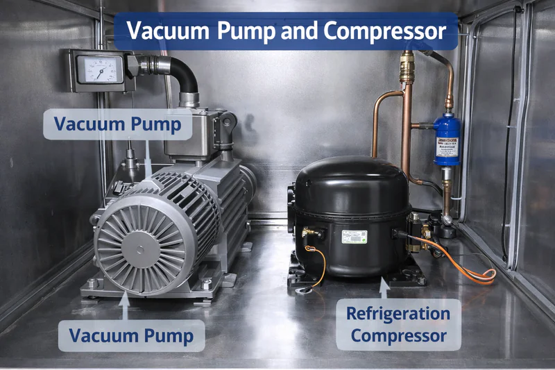 internal view of a vacuum cooler showing the vacuum pump and refrigeration compressor