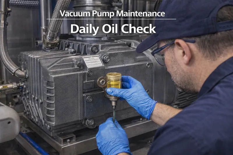 Photo of a technician performing the daily oil check on a vacuum pump