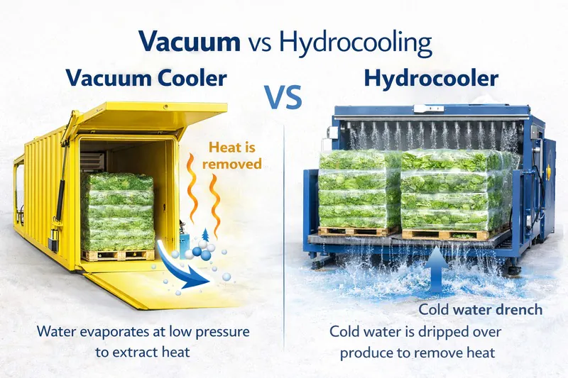 Side-by-side comparison diagram of a vacuum cooler and a hydrocooler