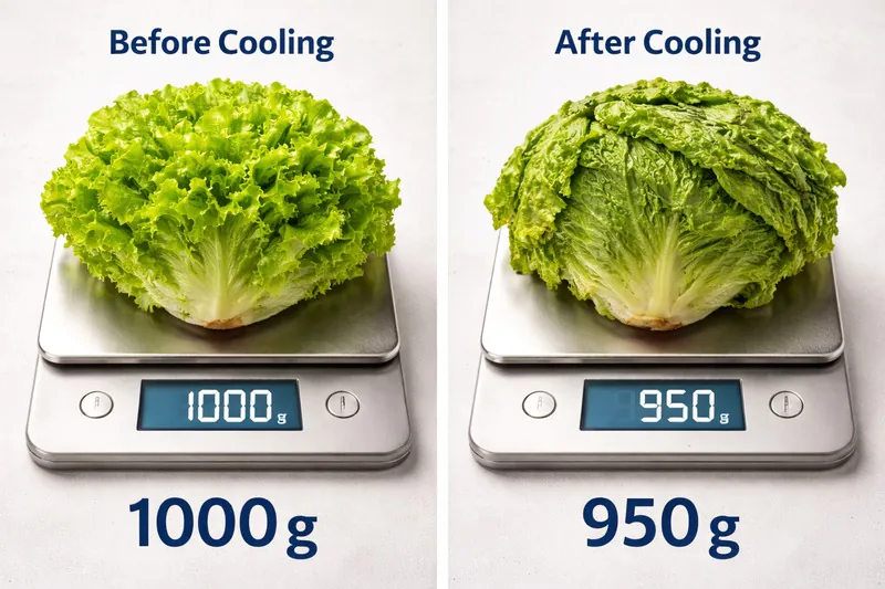 Digital scale showing lettuce weight before and after cooling