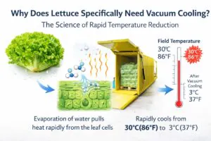 Why lettuce needs vacuum cooling infographic showing rapid temperature reduction from 30°C (86°F) to 3°C (37°F) via evaporative cooling inside a vacuum chamber, with lettuce, water vapor, and temperature gauge.