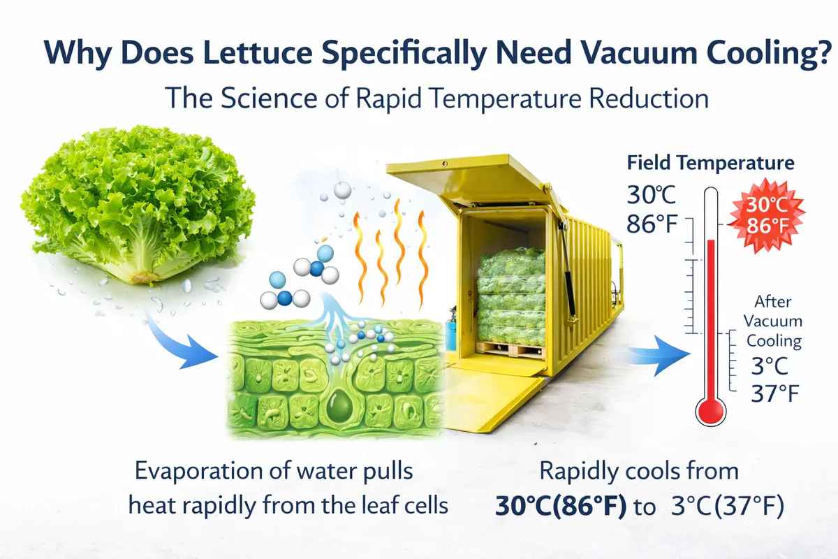 Why lettuce needs vacuum cooling infographic showing rapid temperature reduction from 30°C (86°F) to 3°C (37°F) via evaporative cooling inside a vacuum chamber, with lettuce, water vapor, and temperature gauge.