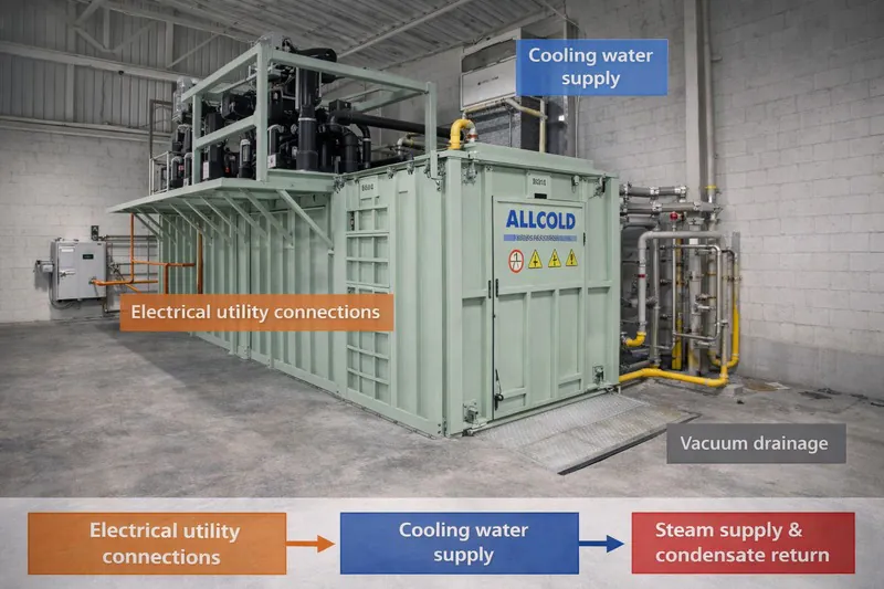 Installation area and utility connections for a painted carbon steel vacuum cooler