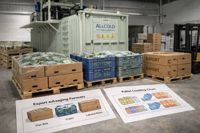 Vegetable export packaging formats and pallet load configuration near a vacuum cooler