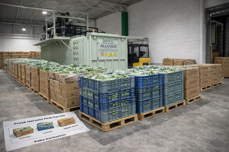 Peak harvest pallet queue waiting for a painted carbon steel vacuum cooler