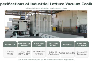 Technical specifications infographic of an Allcold industrial lettuce vacuum cooling system with painted carbon steel chamber, showing capacity, temperature range, cooling time, vacuum level, material, and Siemens PLC control system
