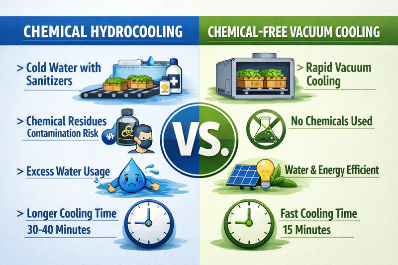 Diagram comparing chemical hydrocooling vs chemical-free vacuum cooling