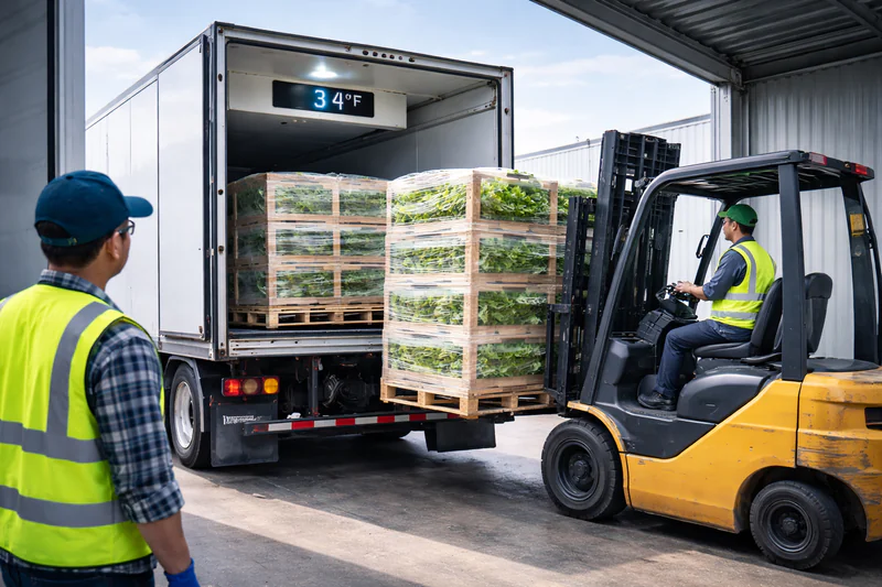 Refrigerated truck being loaded with vacuum cooled pallets