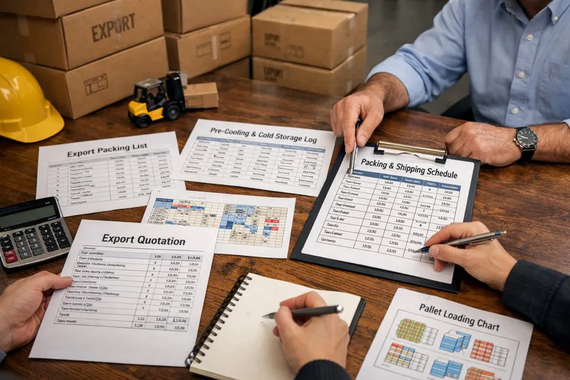 Commercial quotation review at a factory table with export packing data and cooling workflow documents
