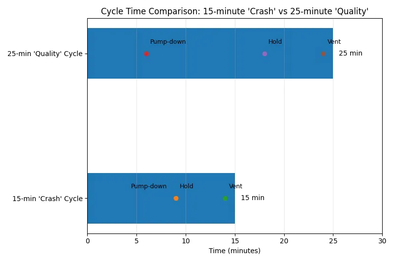 Timeline graphic comparing a 15-minute 'crash' cycle vs. a 25-minute 'quality' cycle