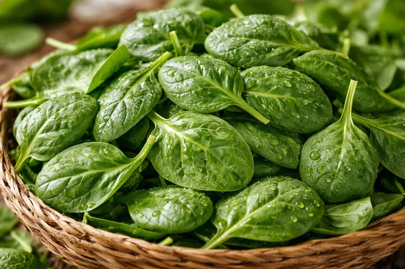 Fresh baby spinach leaves with water droplets