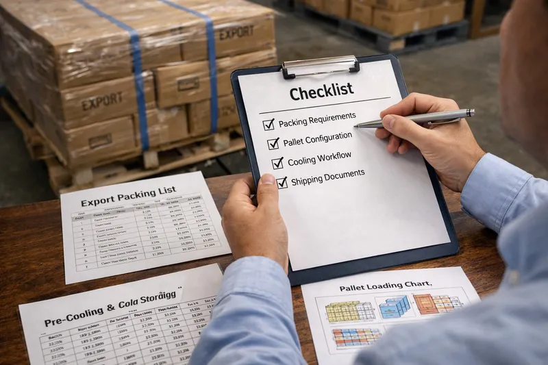 Export buyer reviewing checklist with packing data, pallet layout notes, and cooling workflow documents