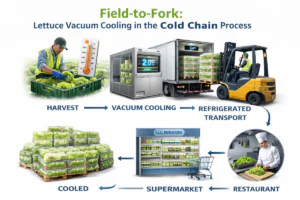 Field-to-fork infographic showing the lettuce cold chain process from harvest in the field to vacuum cooling, refrigerated transport, supermarket storage, and restaurant use.