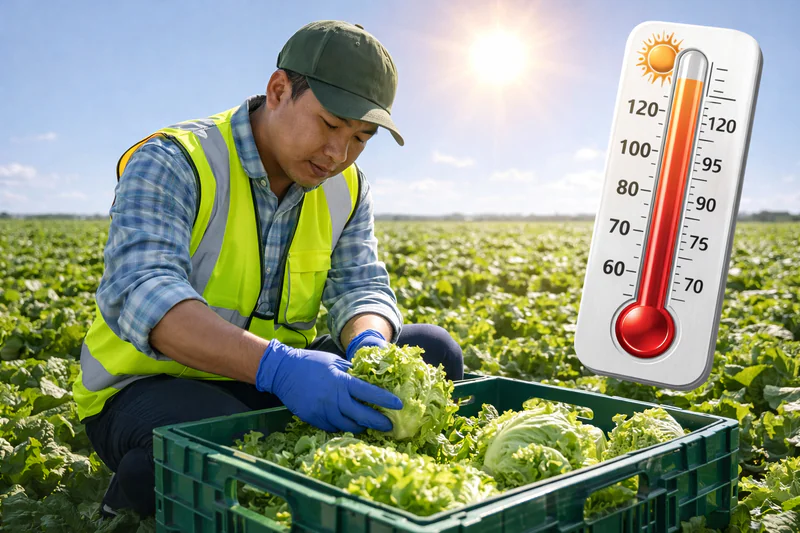 Worker harvesting lettuce in the sun with a thermometer showing high field temperature