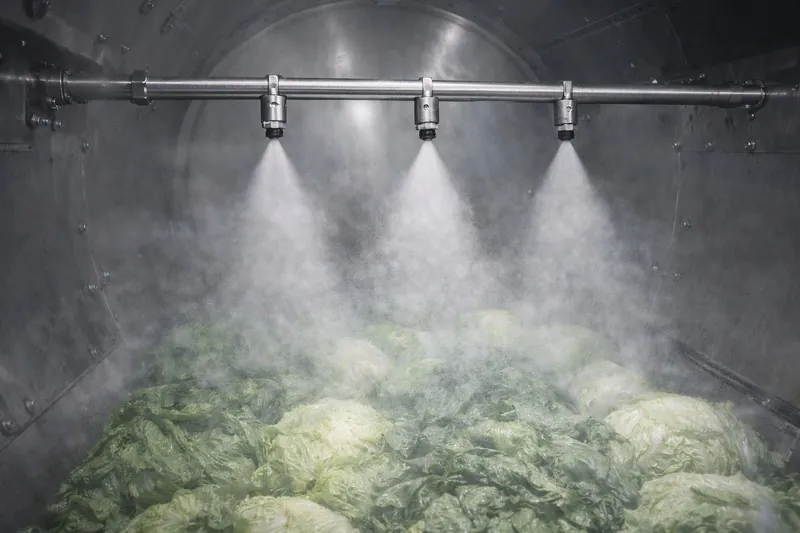 Internal view of a vacuum chamber showing spray nozzles misting the produce