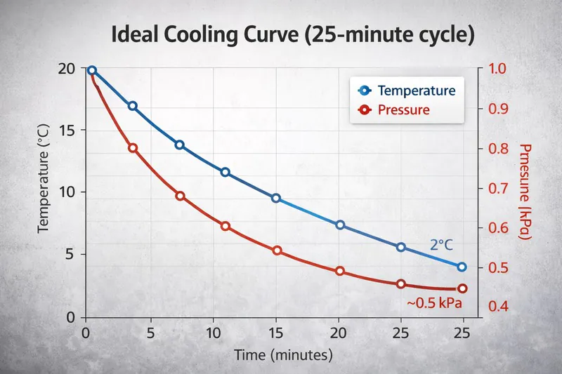 Graph showing the ideal temperature vs. pressure curve for a 25-minute cycle