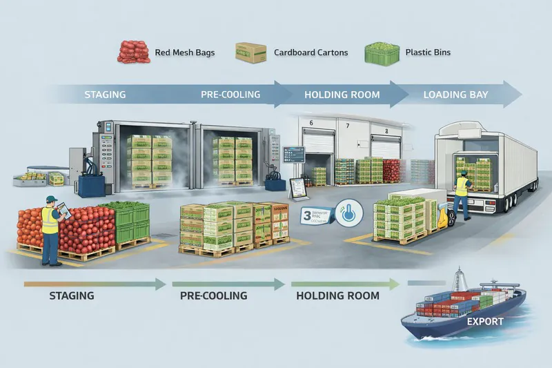 Industrial process review showing pallets, packaging formats, and workflow checkpoints in a produce export facility